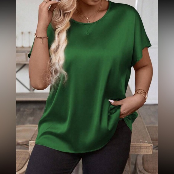 Luxe green round neck casual satin top - Picture 1 of 14